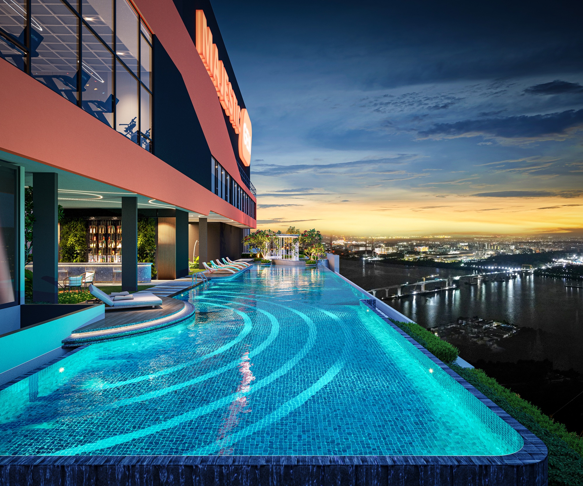 Gen Sphere JBCC rooftop infinity pool overlooking Johor Bahru at sunset