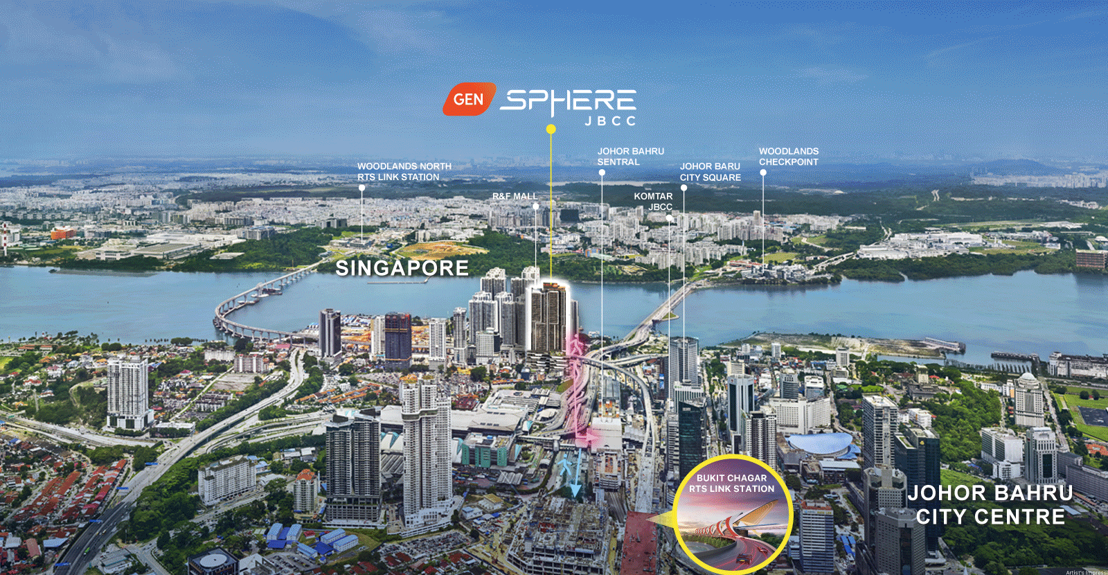 Official Gen Sphere regional location view showing Johor Bahru Sentral, Bukit Chagar RTS Link Station, Singapore and Johor Bahru City Centre.